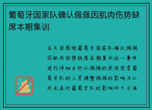 葡萄牙国家队确认佩佩因肌肉伤势缺席本期集训