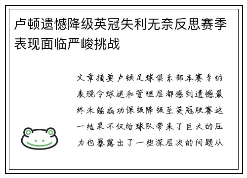 卢顿遗憾降级英冠失利无奈反思赛季表现面临严峻挑战